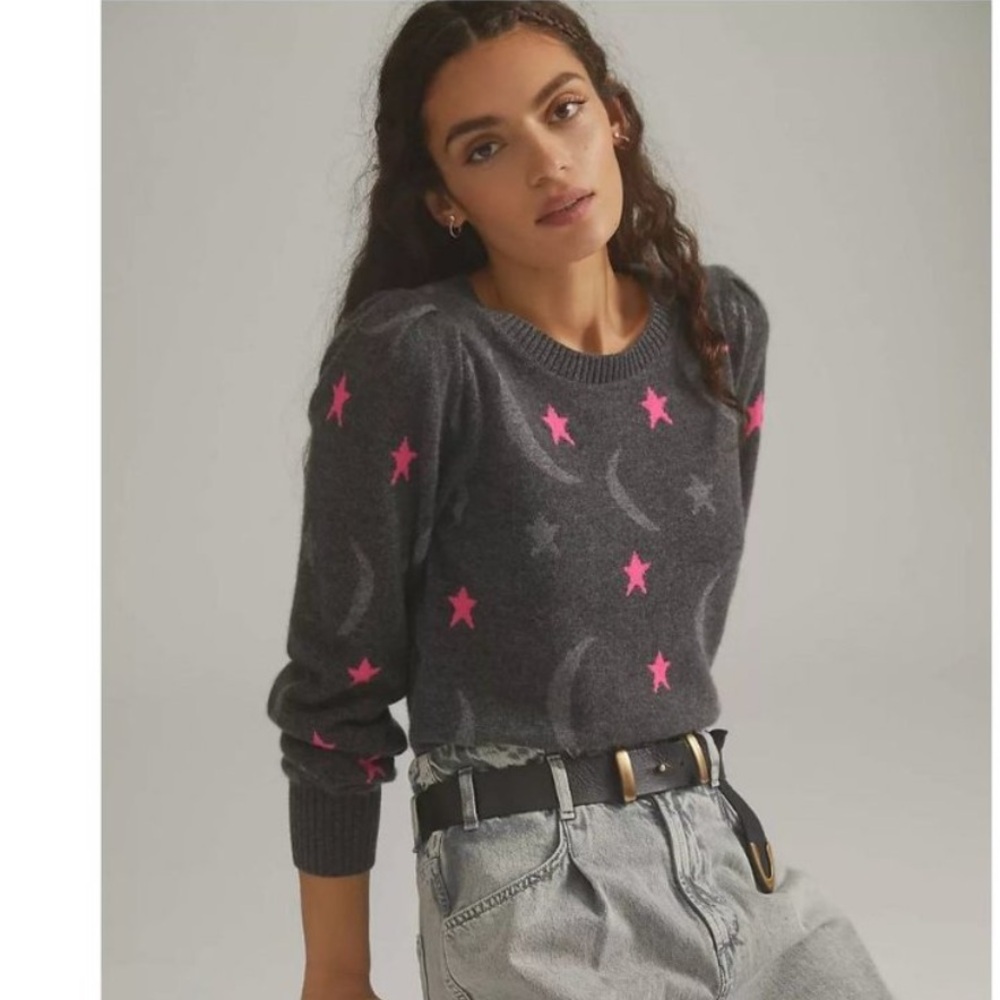 Anthropologie white + Warren Charcoal Sweater with Pink Stars